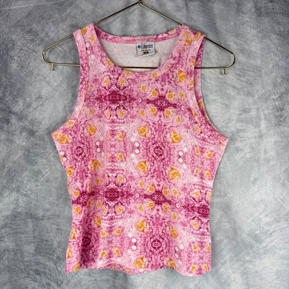 Y2K Style Crop Womens Pink Orange Fish Print Sleeveless Tank Top Med Columbia
